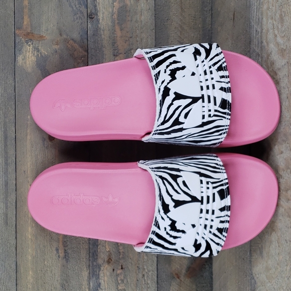 adidas Shoes - adidas Women's Adilette Comfort Slide Sandals Rose Tone Black/White Zebra Print